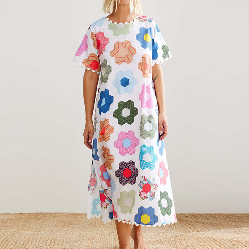 O Neck Casual Female Patchwork Maxi Dress, Women Summer Short Sleeve Chic Party Dress, Printed Ladies Dress: XL