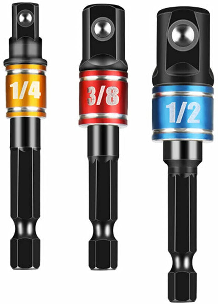 3 Pcs Drill Socket Adapter Impact Drill Extension Drill Bits Bar Socket Adapter 1/4 3/8 1/2 Size Hex Shank Square Head Drill Bit: BLACK
