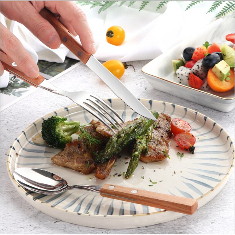 Stainless Steel Dinner Set Wooden Handle Western Cutlery Retro Hotel Steak Cutlery Set Kitchen Knives Household Goods Kitchen.8z