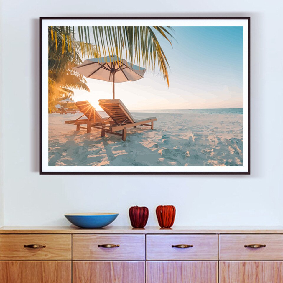 Azqsd diy maleri af tal landskab håndmalet akrylmaling billeder af numre strandindretning til hjemmet 50 x 40cm