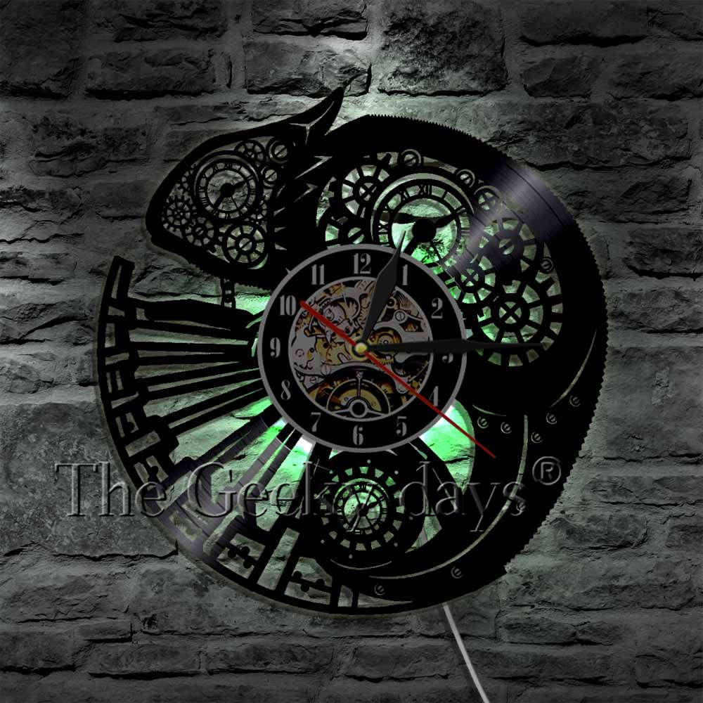 Caméléon 3D horloge murale Reptile exotique animal de compagnie vinyle Record horloge murale froid Tribal Gecko lézard Serpent Art mural décor maison horloges
