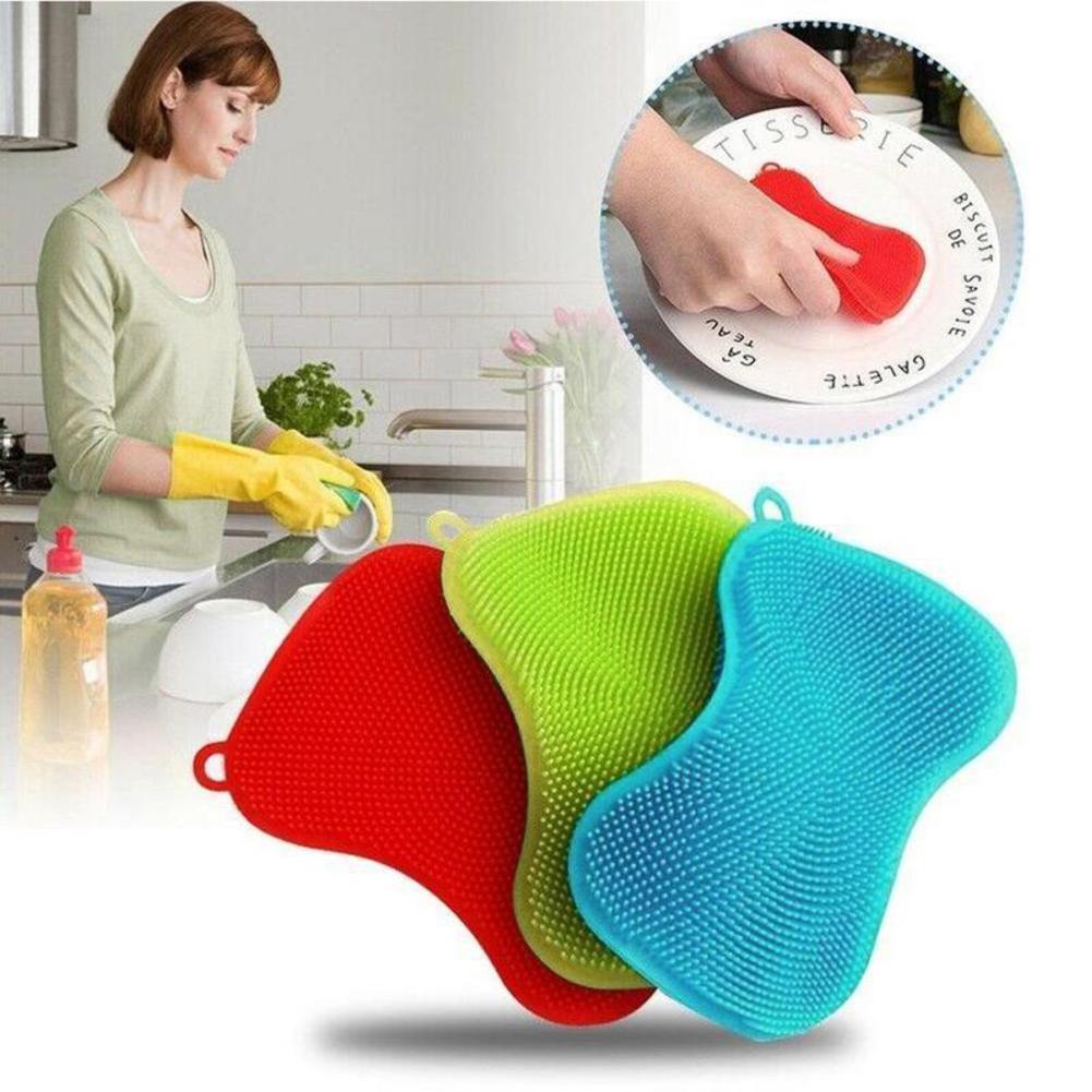 Cepillo de silicona para lavar platos, herramienta de limpieza de cocina, sartén, esponja, estropajo
