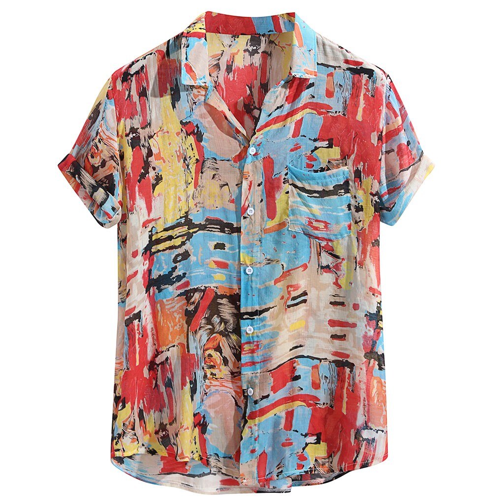 KANCOOLD Shirt Mens Summer Breathable Colorful Printing Loose Turn Down Collar Short Sleeve Pocket Shirt Top shirts for men Jun2