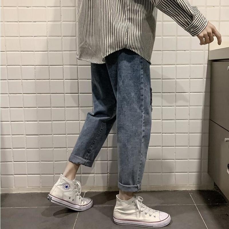 Män jeans lapptäcke ankellängd rak denim trendiga män fritid fast löst matchande cowboybyxor chic retro