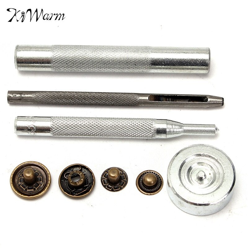 KiWarm On 30 Sets 15 mm Antique Brass Snap Fasteners Popper Press Stud Button Leather Tool Kit Material+ Hand Tool Set