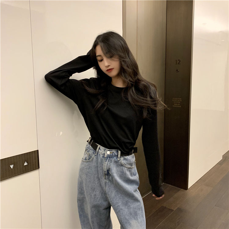 Lange Mouwen T-shirts Vrouwen Solid Simple Basic Casual Mode Ulzzang Studenten O-hals 2XL Zachte Streetwear: regular-black / S