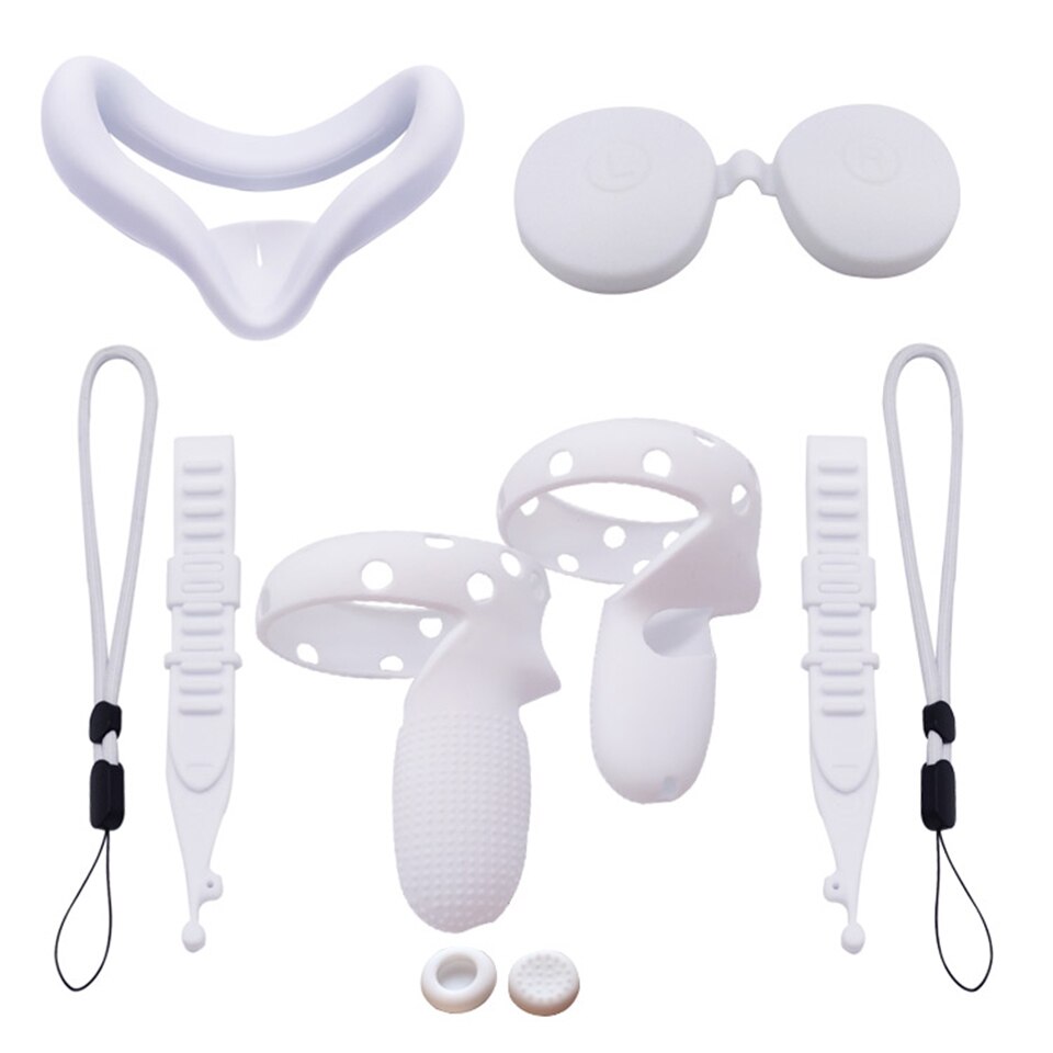 VR Silicone Accessory Kit With Lens Cover Controller Cover For Oculus Quest 2 Eye Pad Touch Grips Hand Strap: Full set White
