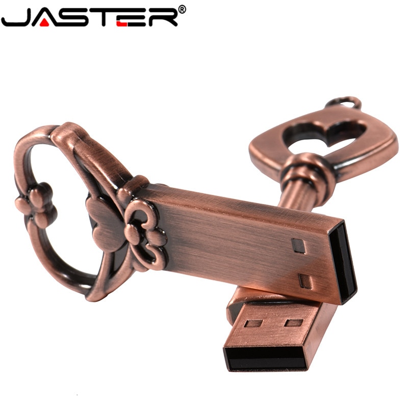 JASTER copper love heart shaped key flash drive USB 2.0 pen drive 4gb 8gb 16gb 32gb 64GB metal keys memory Stick wedding