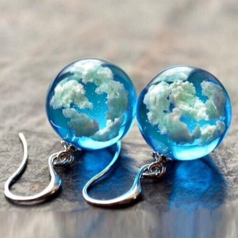 Exquisito pendientes redondos de cristal con de cielo azul y nubes blancas, aretes colgantes con gancho de Metal de Color plateado con personalidad: Default Title