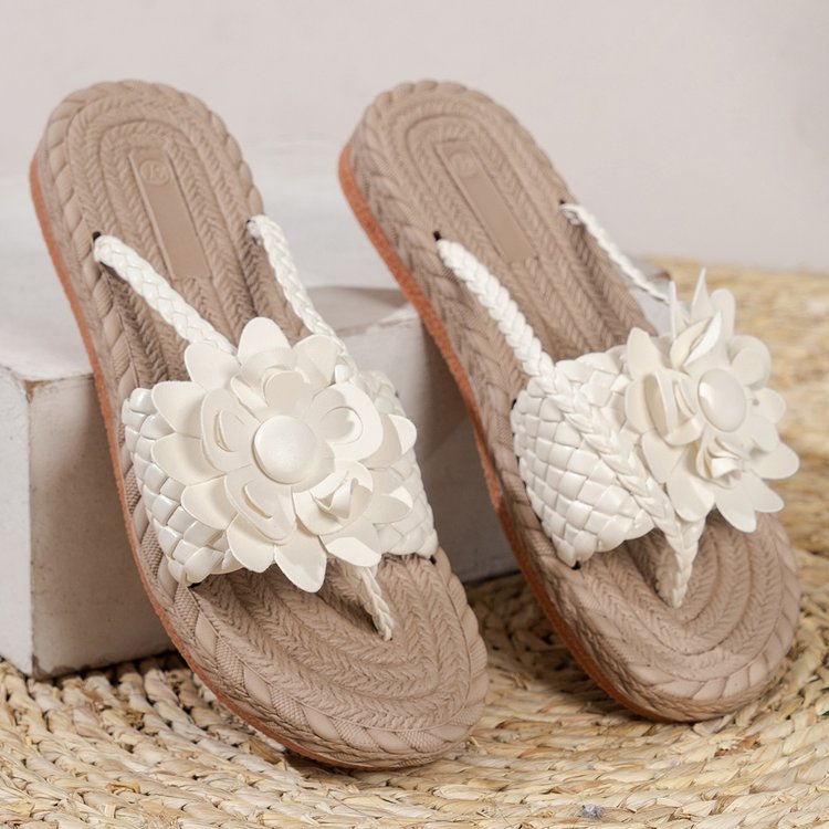Frauen lässig Schuhe Flache Holographische Geflochtene Blumenmuster Zehen Post Strand kippen-Flops: Beige / 36