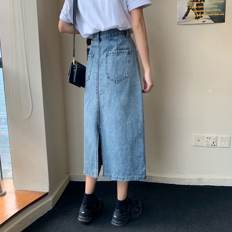Retro lange midi denim nederdele kvinder højtaljede knaplommer split jeans lige nederdele plus størrelse koreanske sommerunderdele