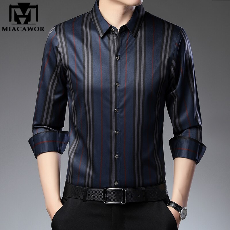 Luxury Silk Shirts Thin Long Sleeve Striped Dress Shirts Men Korean Casual Slim Fit Camisa Masculina C846