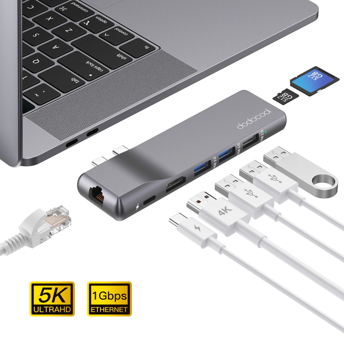 Dodocool Usb C Hub Voor Macbook Pro Adapter Met 1Gbps RJ45 Gigabit Ethernet 4K Hd 3 Usb 2.0 3.0 Poorten 512Gb Sd/Tf Card Reader