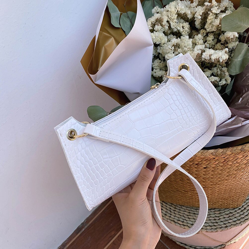 Casual Solid PU Leather Women Handbag Totes Female Small Zipper Shoulder Bags Popular Simple Female Daily Bag: White