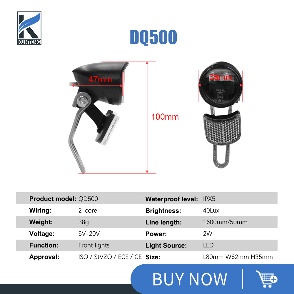 Feu avant de vélo électrique QD260 QD470 QD500 6-60V 2 broches SM/WP, phare LED pour accessoires de vélo électrique