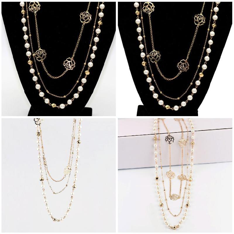 Vrouwen Rhinestone Multi Layer Lange Ketting Imitatie Parels Trui Ketting Kettingen Sieraden K2