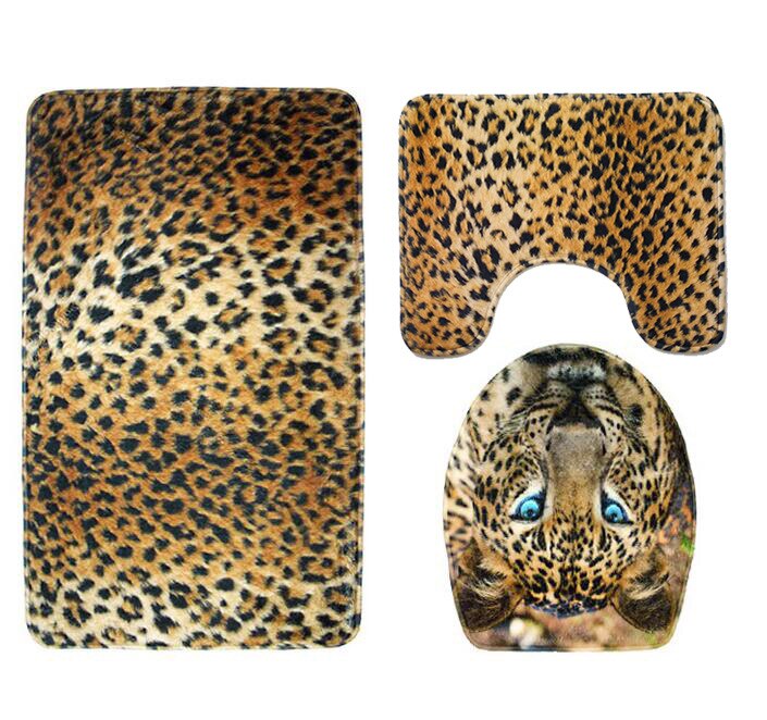 3 pcs Set Tiger Skin Leopard Print Bathroom Mat Set Toilet Cover Flannel Soft Seat Lid Cover Pedestal Rug Carpet