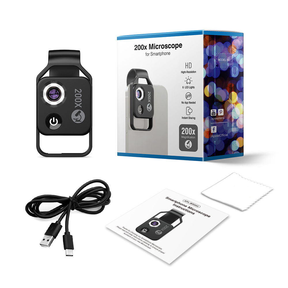 Lente per microscopio con ingrandimento APEXEL 200X con lenti Macro tascabili a luce LED Mobile CPL per IPhone Xiaomi Samsung Huawei