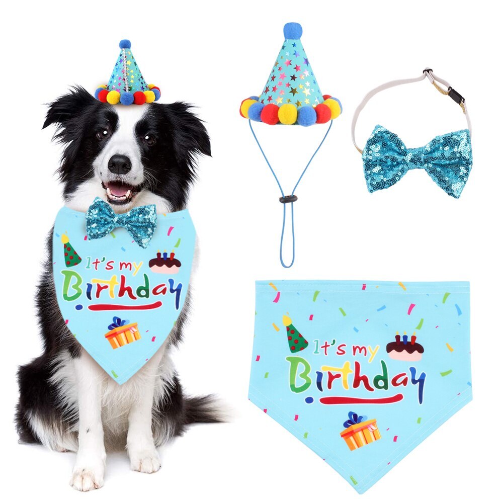 3 stk hund katt kjæledyr bursdag dekorasjonssett hund bursdag bandana skjerf bursdagsfest lue halsbånd morsom søt jul: Blå