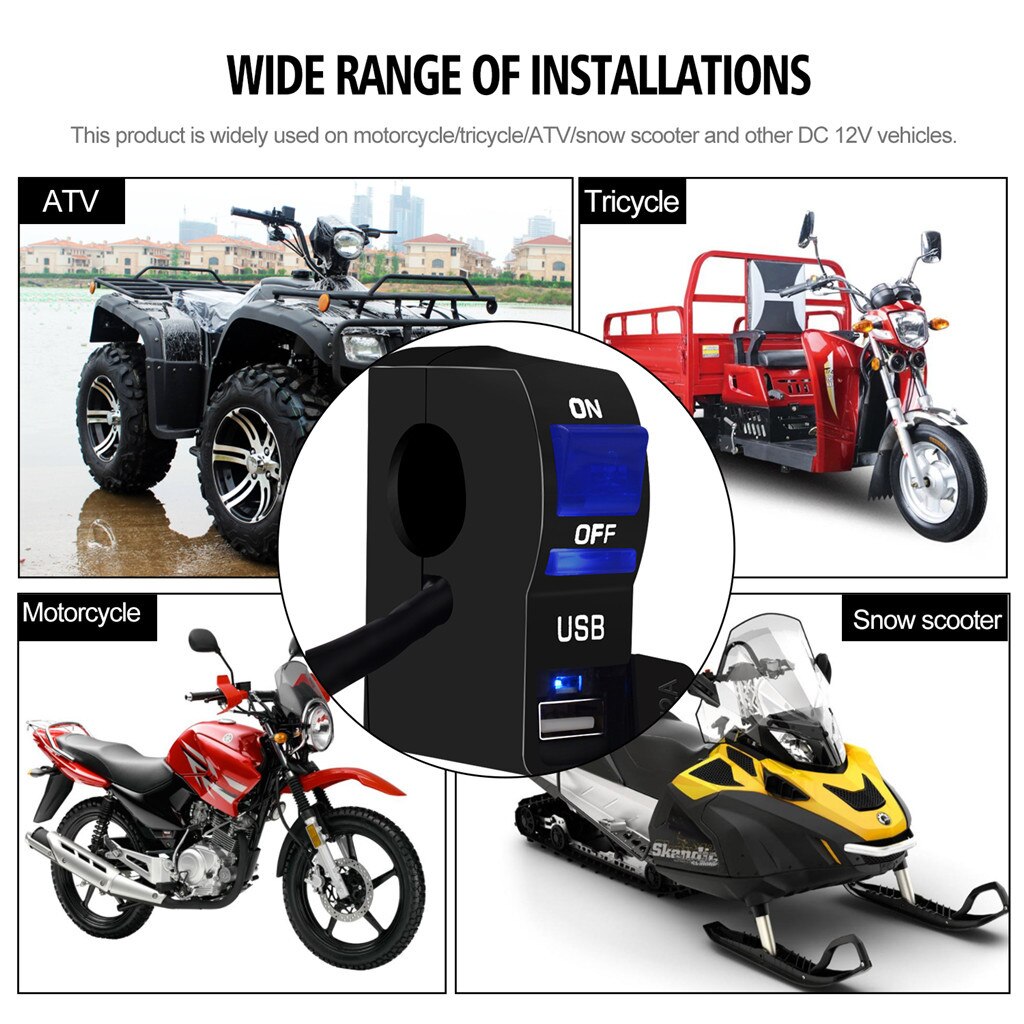 USB Port 12V Waterproof Motorcycle Handlebar Charger With Light Switch 5V 2A Adapter Power Supply Socket for Phone Mobile