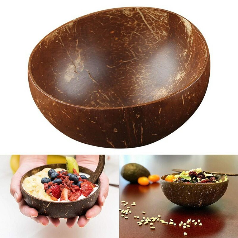 Cuenco de cáscara de coco de 12-15cm, Bol de madera Natural para batidos, postres, ensaladas y frutas, juego de vajilla para el hogar
