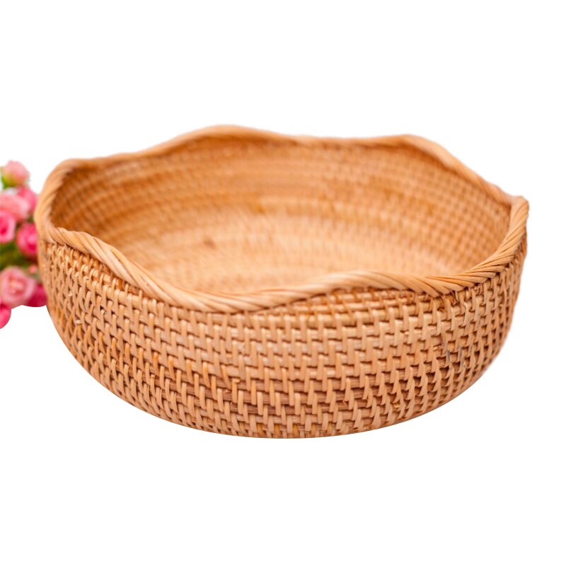 Handmade Rattan Round Fruit Basket Food Storage Bowls Kitchen Organizer Snack Serving Bowl (Large 11 inch)