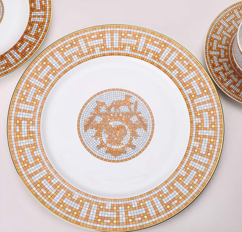 Ceramic Dinner Plates Geometric Pattern Ceramic Dish Charger Plate Yellow Grid Dinnerware Plate Set Serving Dish: 27cm