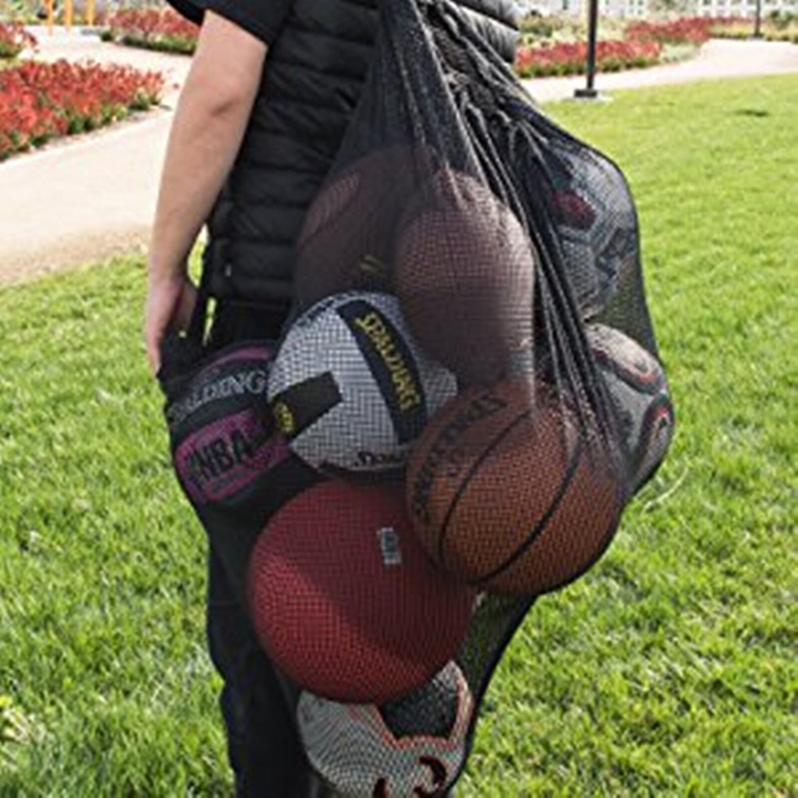 Mesh Drawstring Bag, Solid Color Large Capacity Shoulder Bag Storage Bag for Basketball Football, Black
