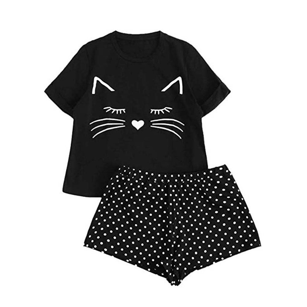 Lettre pyjamas ensemble femmes mignon chat impression à manches courtes T-shirt Shorts vêtements de nuit ensemble de nuit Pyjama Femme femmes pyjamas ensemble: balck / XL