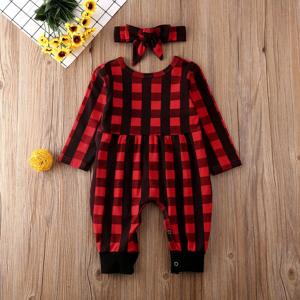 Lente Pasgeboren Bay Meisje Kleding Plaids Lange Mouwen Crew Neck Romper Rompertjes Baby Meisje Jongen Kleding Algehele Hoofdband Outfit