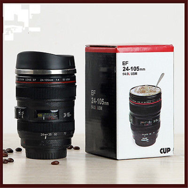 24-105Mm Lens Thermos Camera Reizen Koffie Thee Cup Mok Lens Creatieve Cup Rvs Geborsteld Liner zwart 400Ml