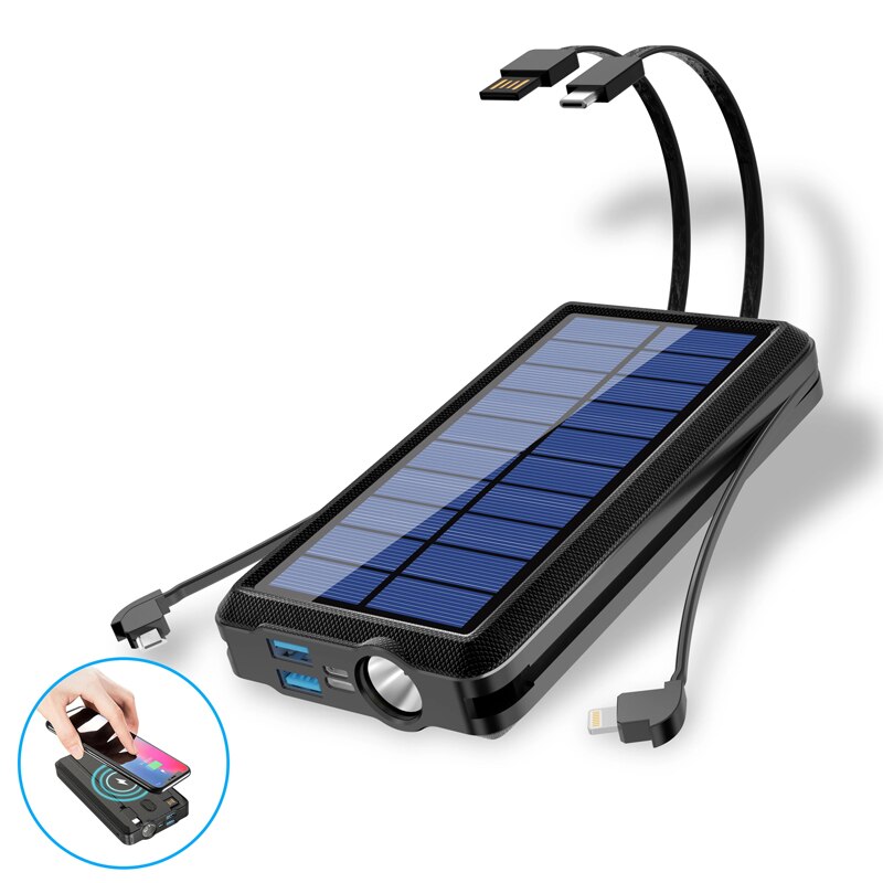 80000mAh Qi Wireless Charging Solar Panel Travel Portable Power Bank LED Built-in Charging Cable External Fast Charging Battery