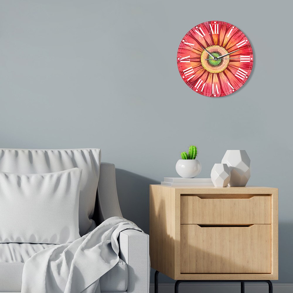 Red Watercolour Gerbera Daisy Paints Large Wall Clock Watch Sunflower Floral Pattern Horologe Living Room Decoration Mute Clocks