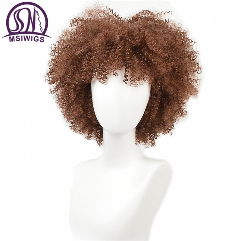 MSIWIGS Synthetisch Krullend Pruik voor Zwarte Vrouwen Natuurlijke Bruine Kleur Ombre Haar Zachte Korte Afro Pruiken met Pony Twee Modellen