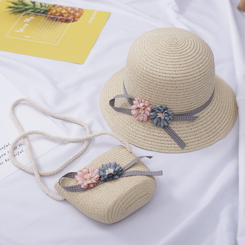 2 pçs meninas flor chapéu de palha com bolsa crianças verão chapéu de sol meninos meninas panamá praia chapéus