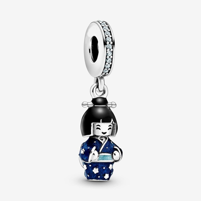 925 sterlingsølv perler charms japansk dukke i blå kimono emalje dingle charme fit original armbånd kvinder diy smykker