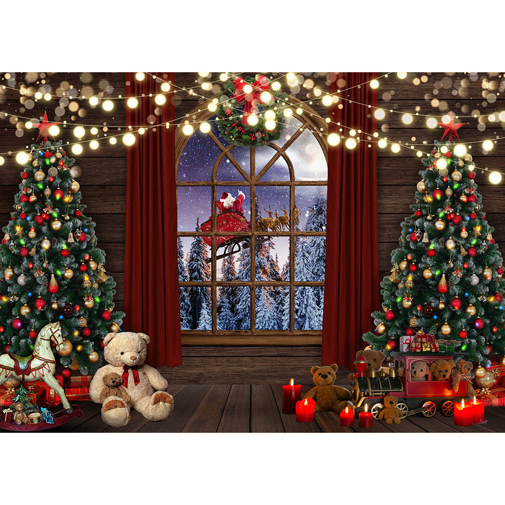 Christmas Trees Bear Toys Backdrop Winter Night Dreamy Santa Claus Photo Background Window Pine Forest Xmas Decorations Supplies