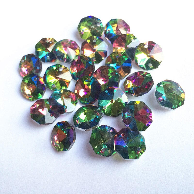 100 stk/parti 14mm regnbuekrystalllysekronedeler åttekantede perler  i 2 skrog, gardinstreng eller lampetilbehør .