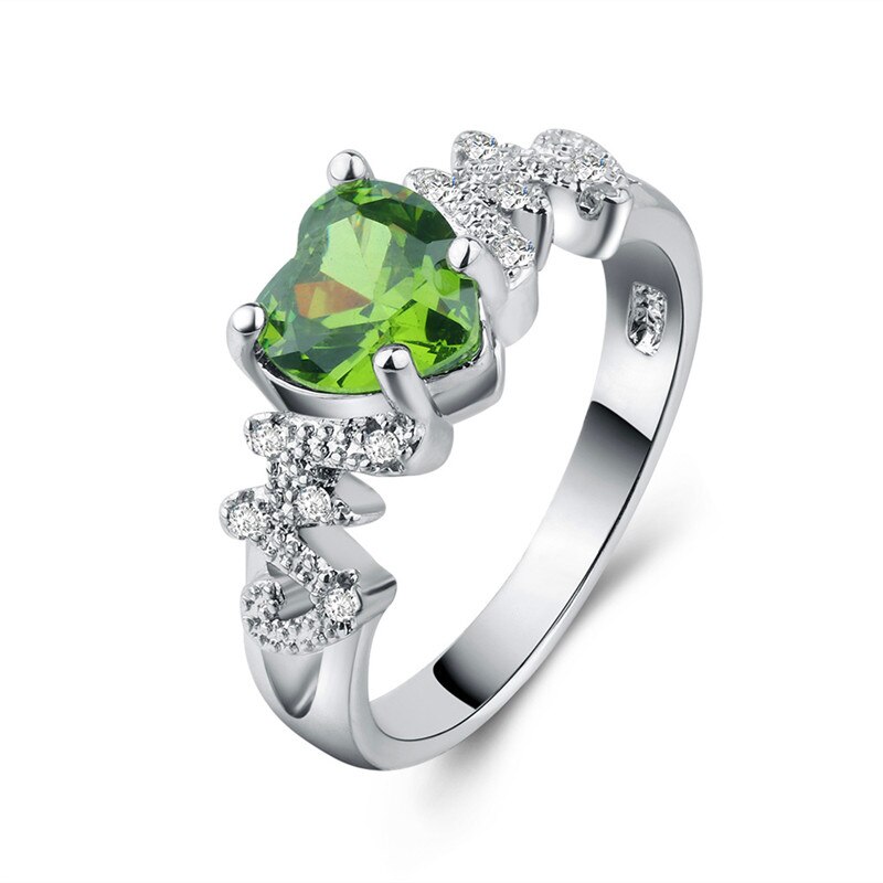 neue Frauen Mädchen GrüNe Herz Ring Silber Farbe CZ Stein Finger Ring Jahrgang Party Hochzeit Schmuck Mama