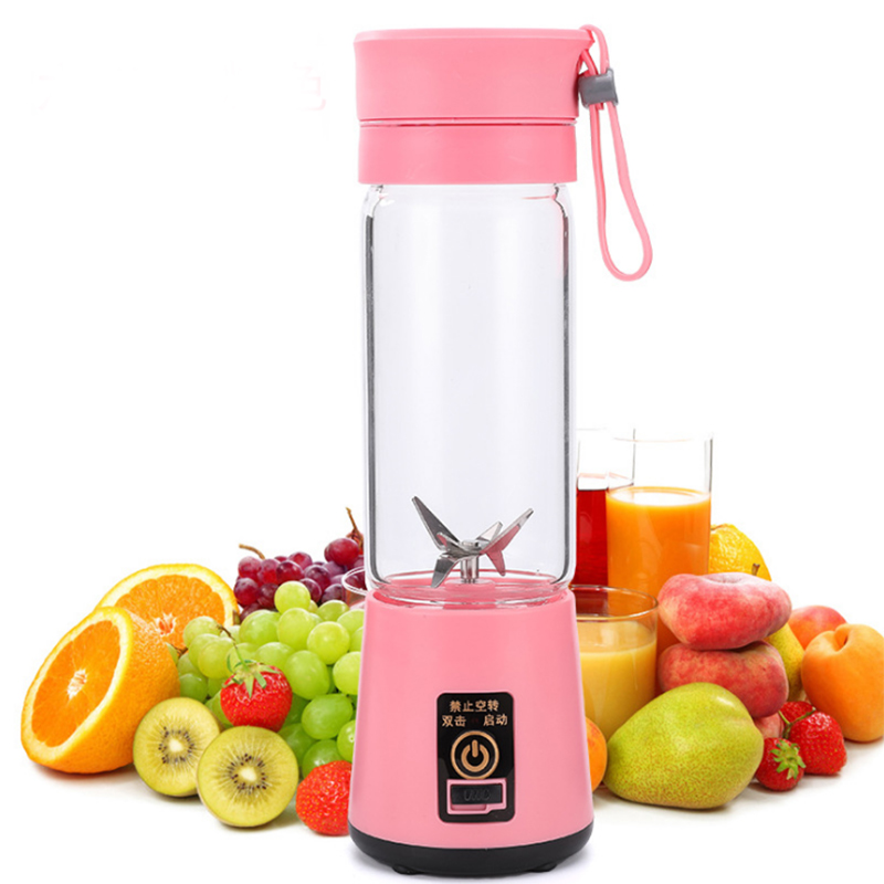 380ml Portable USB Mini Juicer Electric Rechargeable Smoothie Blender Machine Mixer Maker Fast Blenders Juice Cup Food Processor: 2 blades / Pink