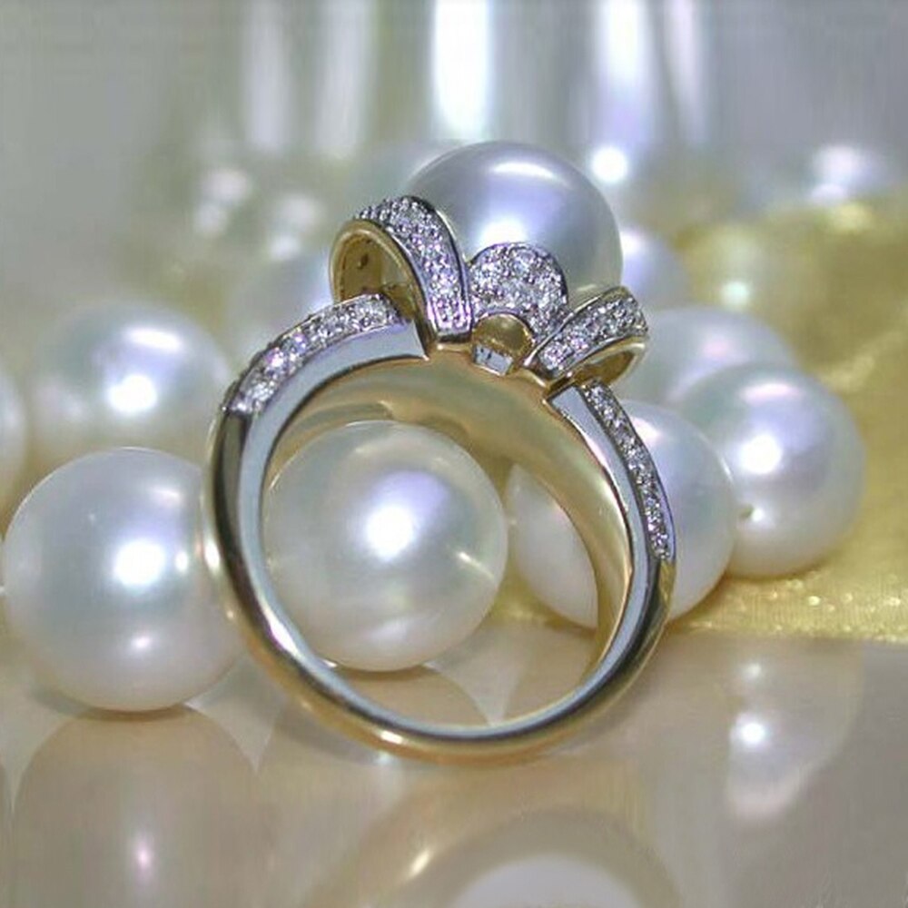 Huitan Imitation perle couleur or anneaux de mariage femmes brillant CZ romantique mariage cérémonie fête anneau accessoires de
