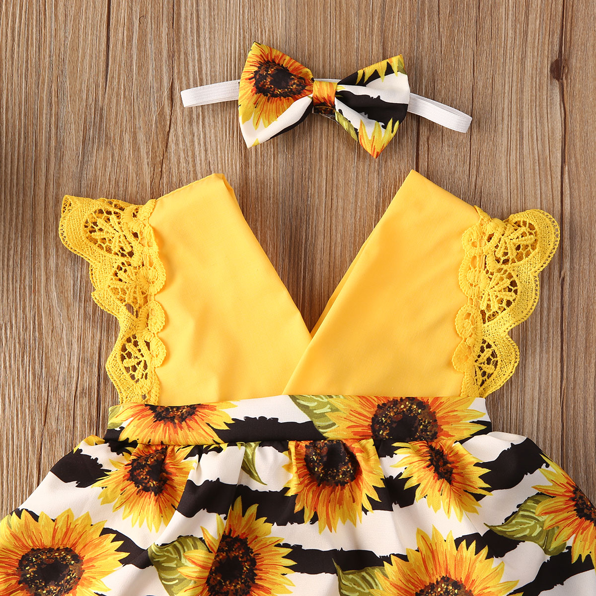 0-24M Pasgeboren Baby Meisjes Romper Jurk Zonnebloemen Print Kant Mouw V-hals Jumpsuits Hoofdband 2 Stuks
