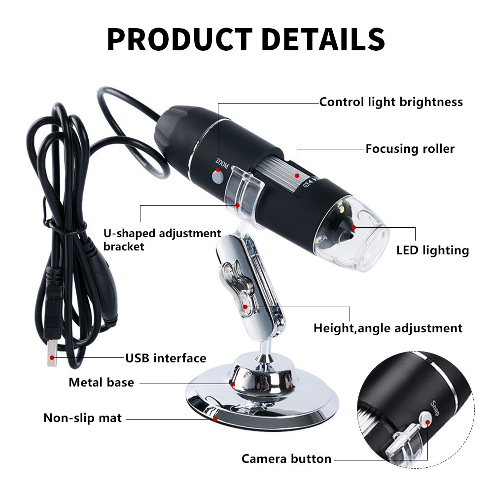 Adjustable 1600X Microscope Handheld Digital Microscope Endoscope USB Interface Electron Microscope with 8 LEDs with Bracket