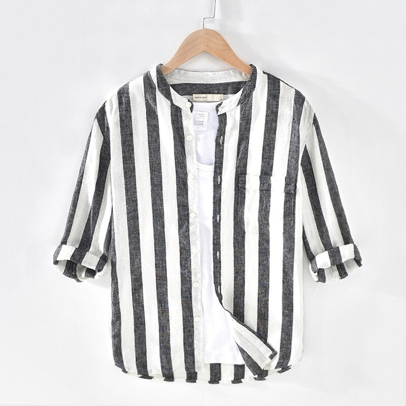 Menn vår sommer japan stil stativ krage trekvart ermet stripe skjorte herre 100%  lin casual skjorter: Svart / M (asiatisk størrelse)