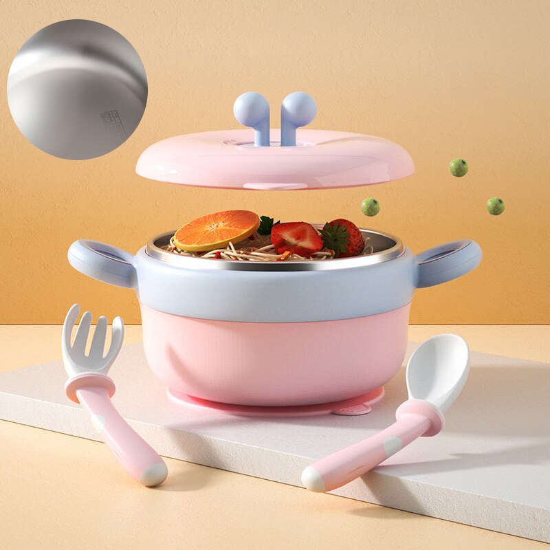 JCARSON – couvercle de bol à ventouse pour bébé, ensembles de vaisselle, plaque d&#39;aspiration, plats grille d&#39;injection d&#39;eau, cuillère fourchette en acier inoxydable: Pink Smooth Bowl