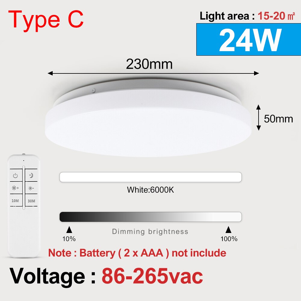 Smart LED Ceiling Light Lamp Brightness Dimmable 24W AC110V/220V For Bedroom Living Room Modern Ultra Thin Ceiling Light Lamp: Type C Only White