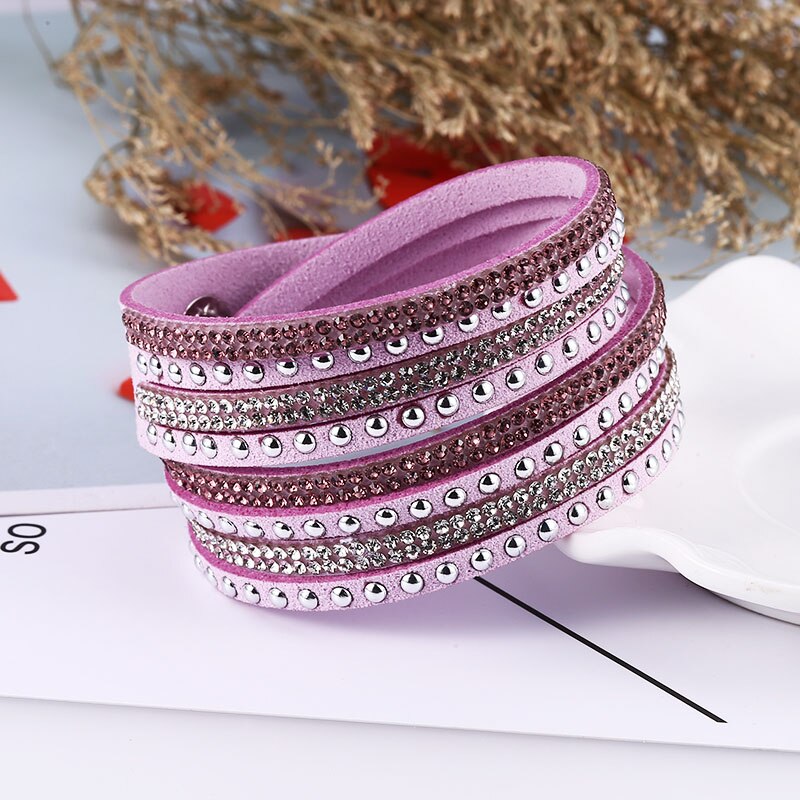 HOCOLE-Pulseras de cuero con abalorios de cristal para mujer, pulsera de diamantes de imitación multicapa, joyería femenina, de boda: Light purple