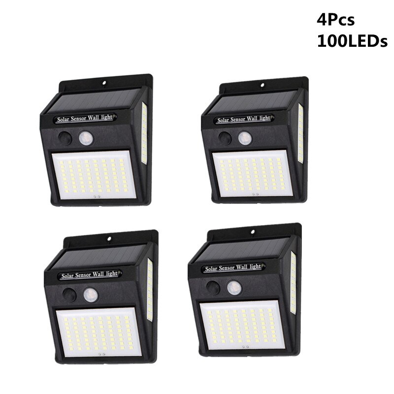 20/100/144 ledet solenergi ledet lys utendørs lampe pir bevegelsessensor vegglamper sconce vanntett solcelledrevet til hage gatelampe: 4 stk 100 lysdioder