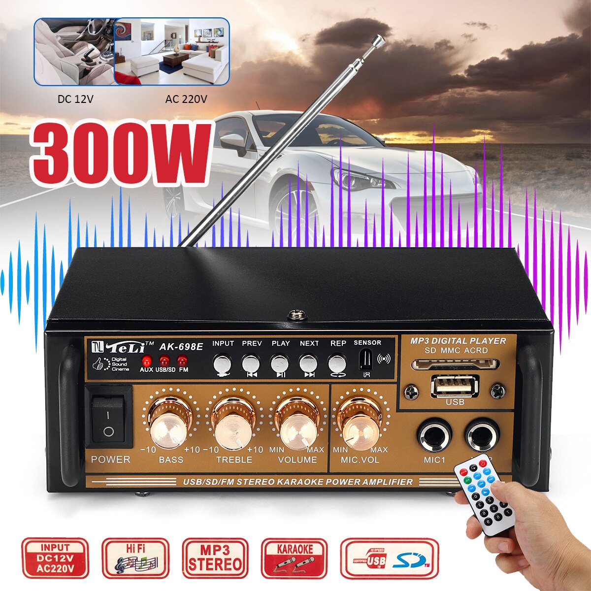 300W 12V/ 220V HIFI Amplifier Audio Stereo Power FM Radio USB/TF 2CH Car Home