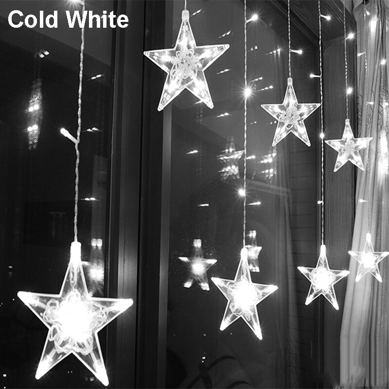 LED Twinkle Star Heart String Lights EU Plug 220V Waterproof Outdoor Christmas Fairy Garlands Curtain Lights Wedding Party Decor: star-cold white